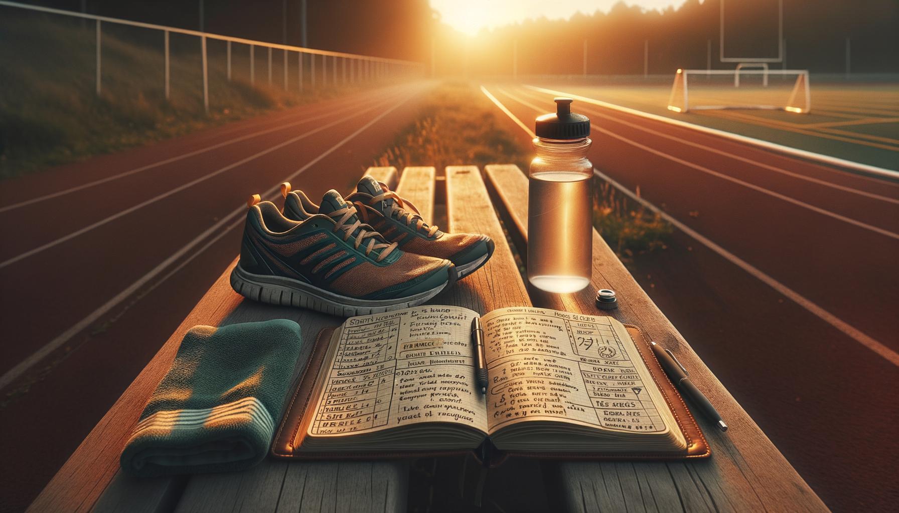 Division 1 recruiting process preparation with running shoes and training journal on track bench
