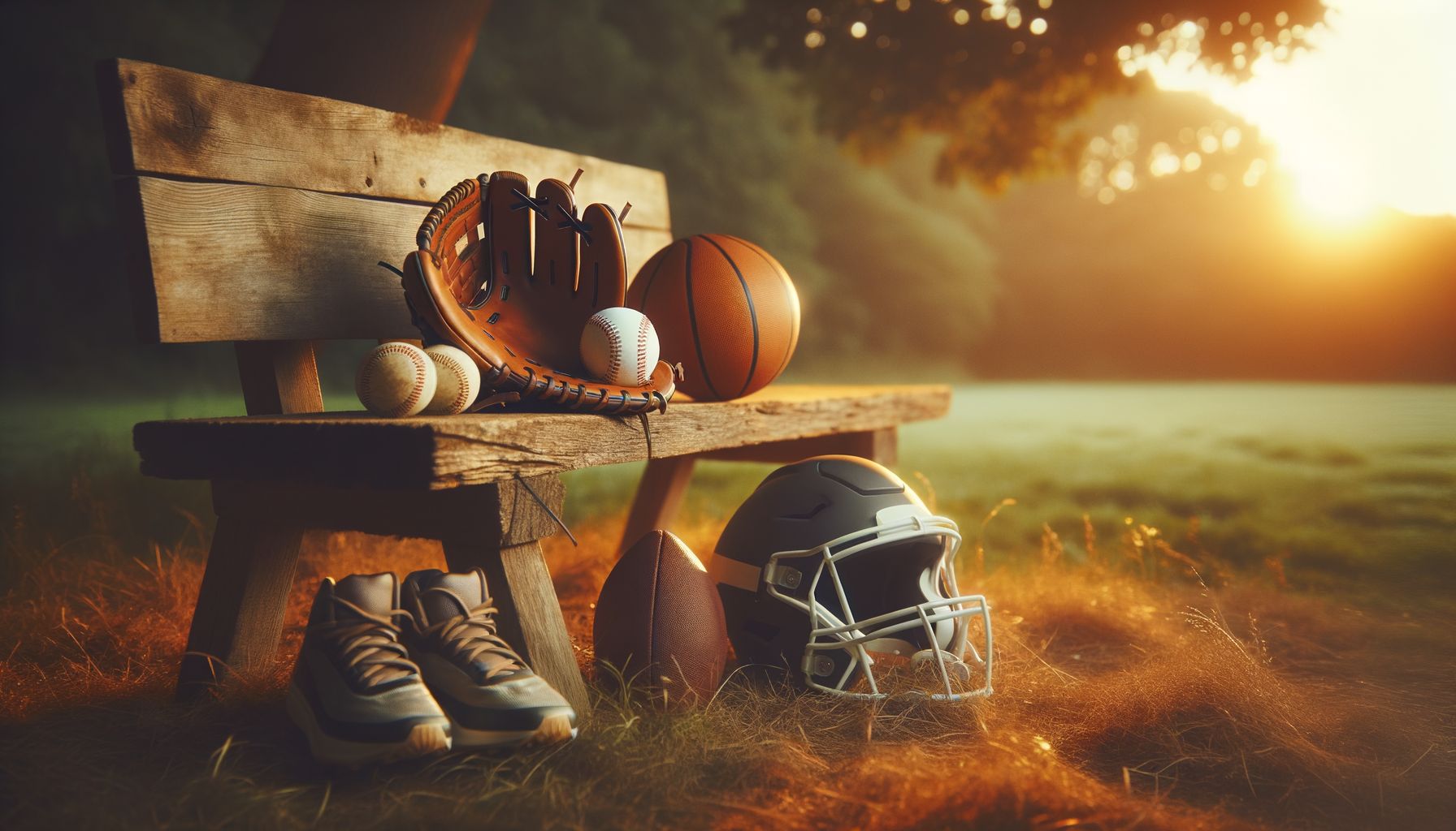 Playing multiple sports equipment on bench representing youth athlete development