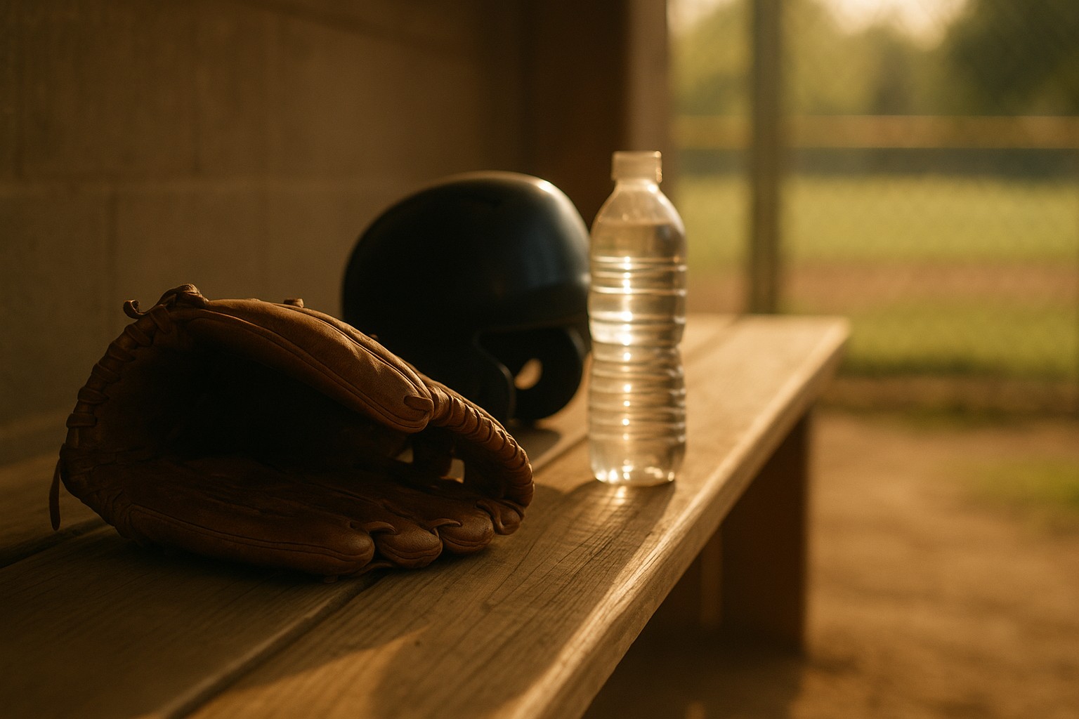 Baseball mental performance tools including glove and helmet on dugout bench
