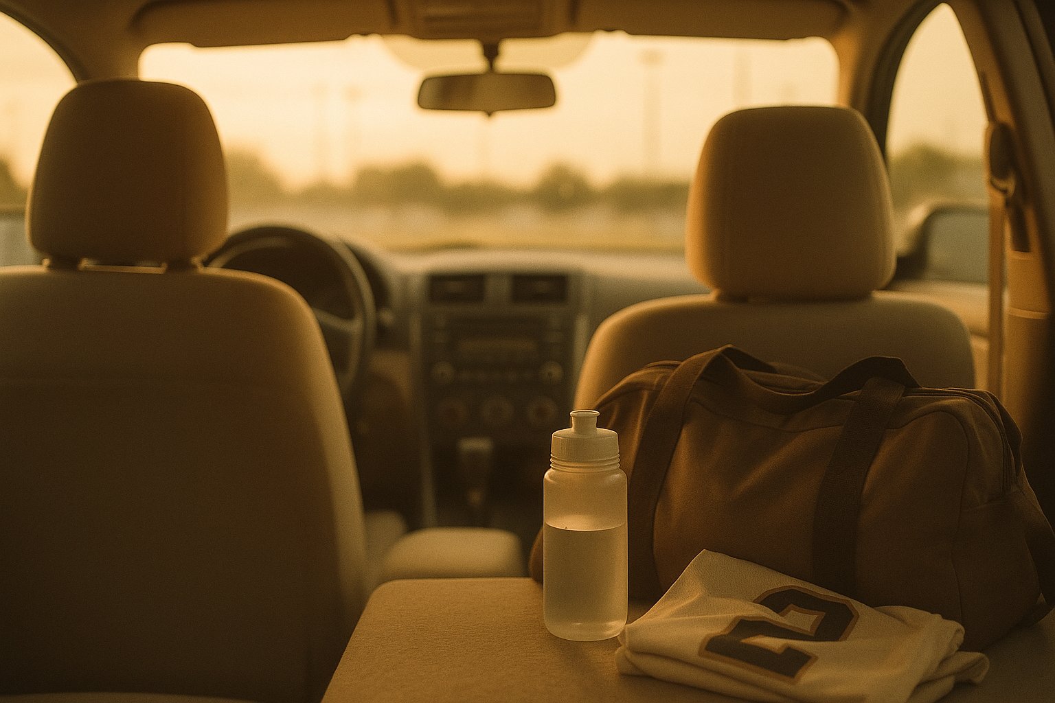 Empty car interior after game showing the car ride home with sports gear on back seat