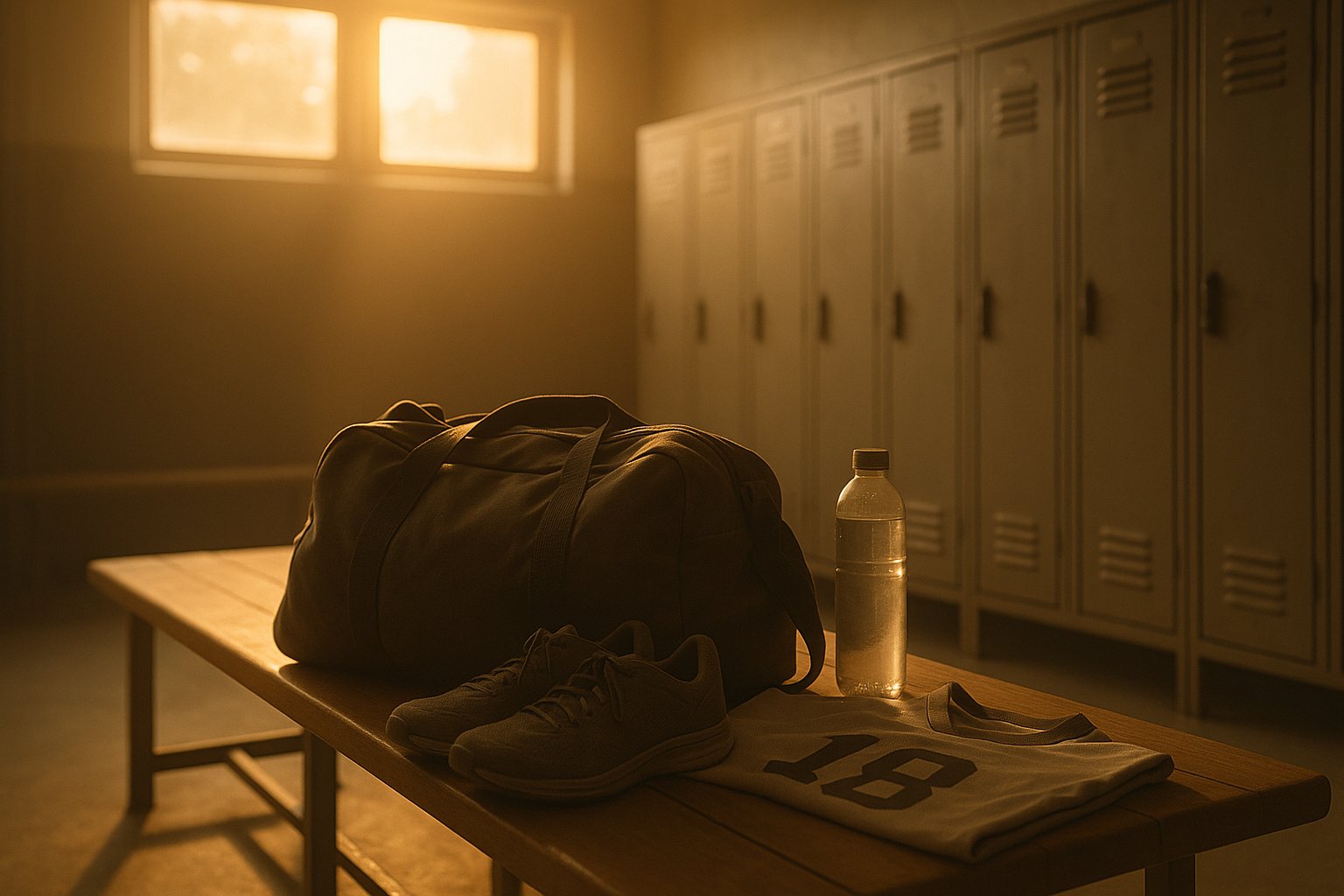 Freshman year fear in college sports: locker room scene with training gear and quiet preparation