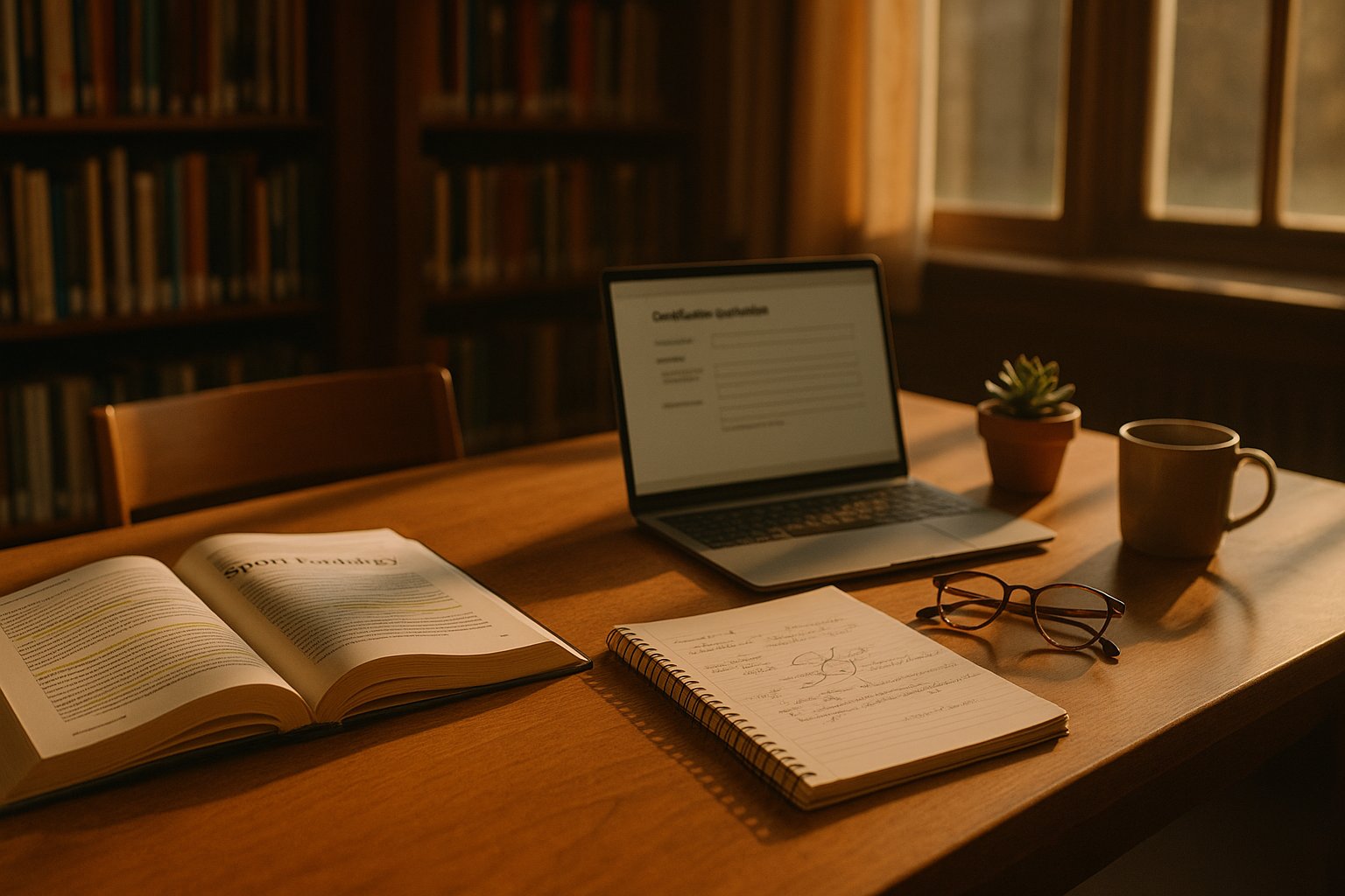 Study desk with sport psychology textbook and notebook showing becoming a CMPC preparation materials