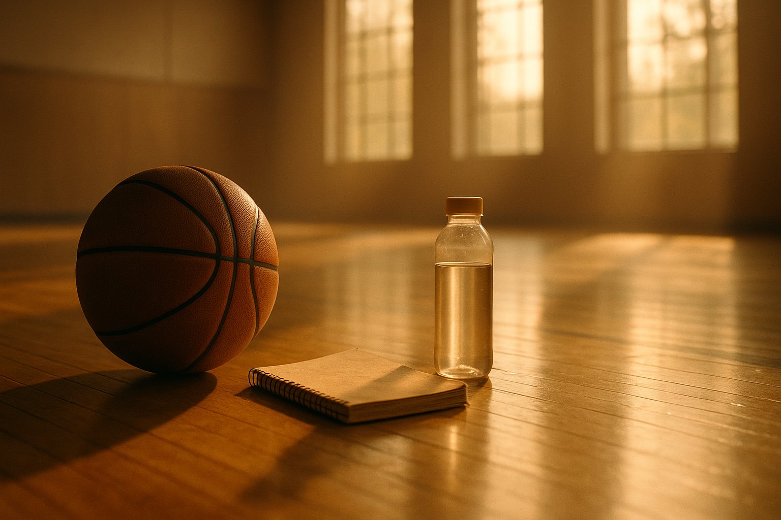 Basketball and notebook on gym floor representing a confident athlete's quiet preparation