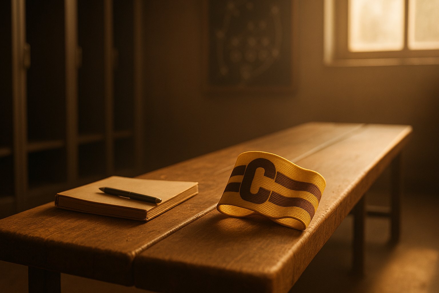 Team leader armband and notebook on bench representing quiet leadership and preparation