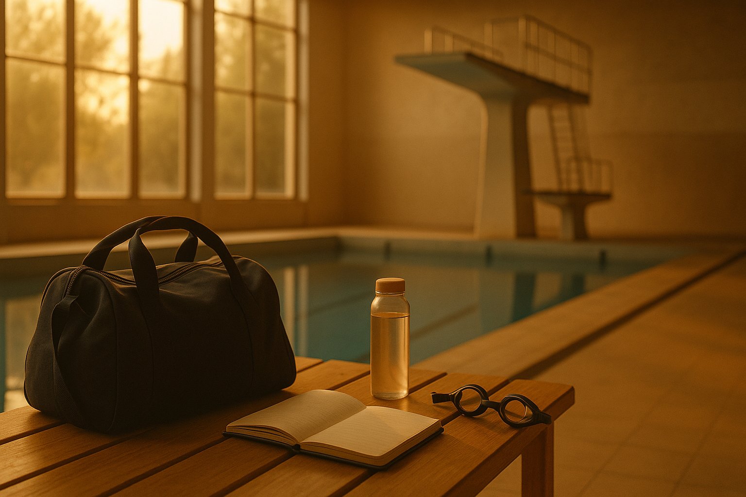 Youth sports parenting scene with diving equipment and notebook by pool