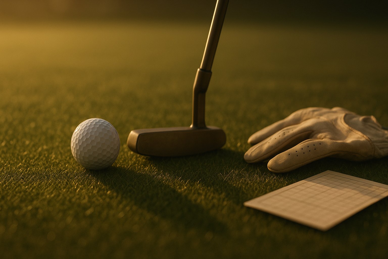 Golf ball and putter on green representing the golf mental game and focus