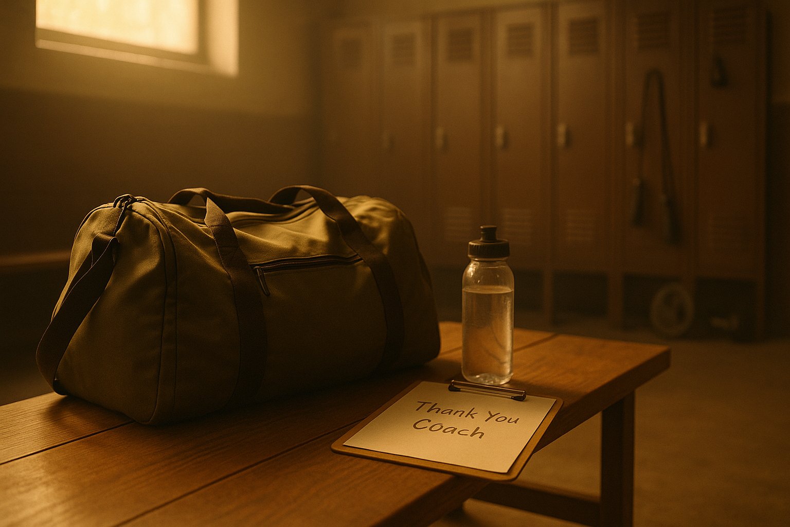 Humble and confident athlete locker room scene with gratitude note and training gear