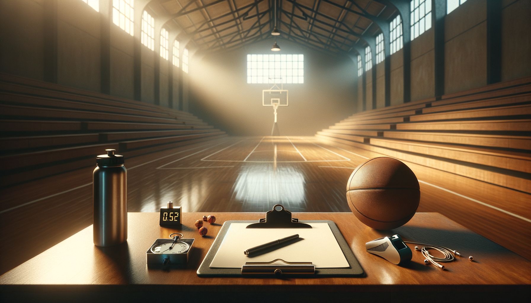 Sport psychology for coaches tools including clipboard and whistle on gymnasium bench